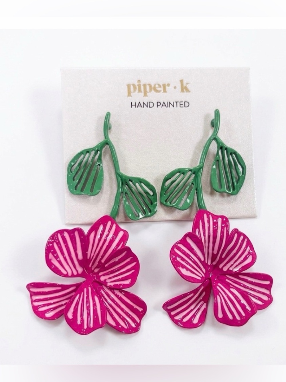NWT ⚜️🌺⚜️ Piper K Hand Painted Pink & Green Floral Drop Earrings